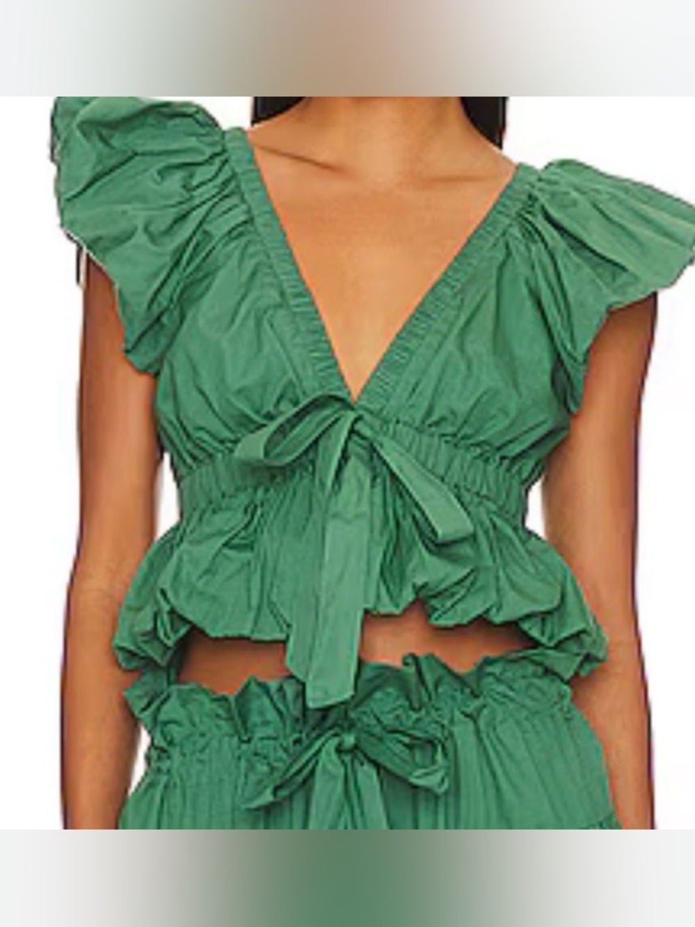 Free People Sage Green Tie-Front Ruffle Sleeve Blouse